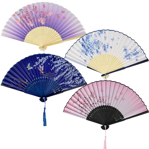 OdiuK Fächer Hochzeit 4 Stück Handfächer aus Holz Taschenfächer Sommer Hochzeit Fecher mit Quaste Zeremoniefächer für Geburttag Hochzeit Party Karneval Fotografie Wand Dekoration (Lila blau rosa)