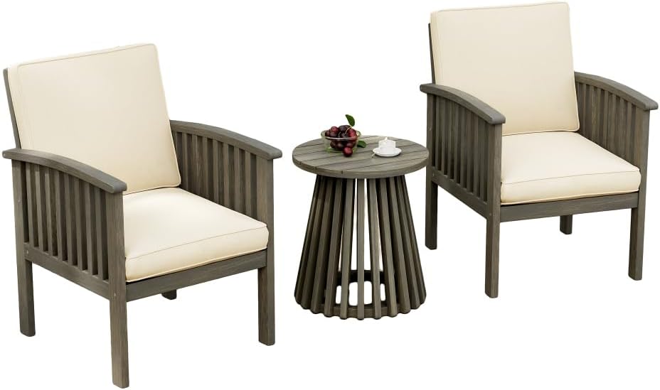 3 Pieces Patio Set Outdoor Acacia Wood Furniture Sets-Modern Club Chair Conversation Sets with Side Table for Garden, Patio & Deck (Cream + Gray + Acacia Wood + Waterproof Fabric)