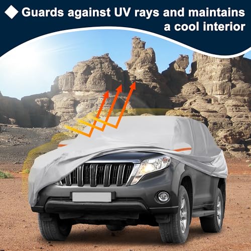 Image of Silver Tone Heavy Duty Waterproof Car Cover for SUV 191 inch-199 inch - All-Weather UV Protected Outdoor Full Exterior Cover with Sun /Snow /Rain Resistance