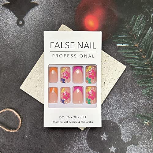 Medium Press On Nails Square Pink Fake Nails Flowers French Tip Designs Stick On Nails Cute False Nails Stick On Nails For Women Girls Nail Decoration #TOP3