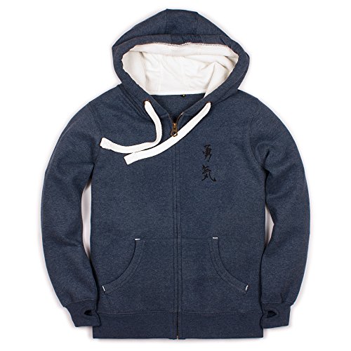 Japanese Zip Hoodie Yuki/Courage - Japan Calligraphy Positive Motivational Jumper with Thumb Hole Cuffs Sweatshirt Zip Up Zipped Hooded Top (S, Vintage Navy)