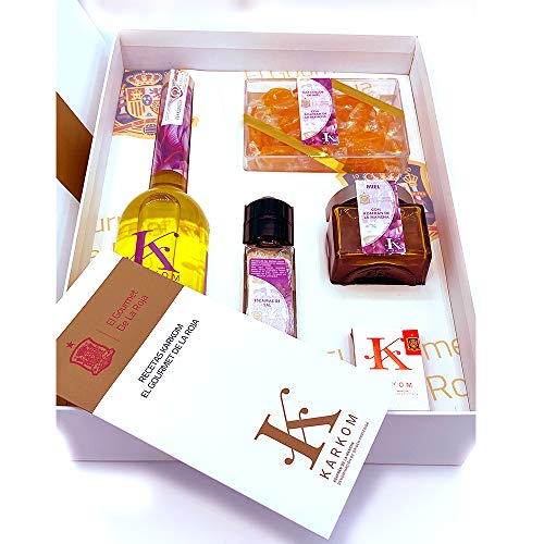 Pack gourmet de productos con azafrán de la mancha KARKOM. Licor, miel, sal, caramelos y azafrán con Denominación de Origen Cover