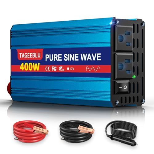 Image of 400W Pure Sine Wave Power Inverter DC 12V to 110V AC Converter with LCD Display, Battery Clamps & Cigarette Lighter Plug, Car Inverter with Dual AC Outlets for Vehicles RV Truck Camping Laptop CPAP