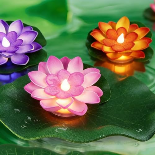 Auzlya 6 Stück Schwimmende Lotuslichter,LED Schwimmende Blumen,Künstliche Seerosen,Seerose Lotusblüte,Nachtlampe Lotusblüte Lotusblatt Teichlicht,für Garten Schwimmbad,Outdoor Dekoration