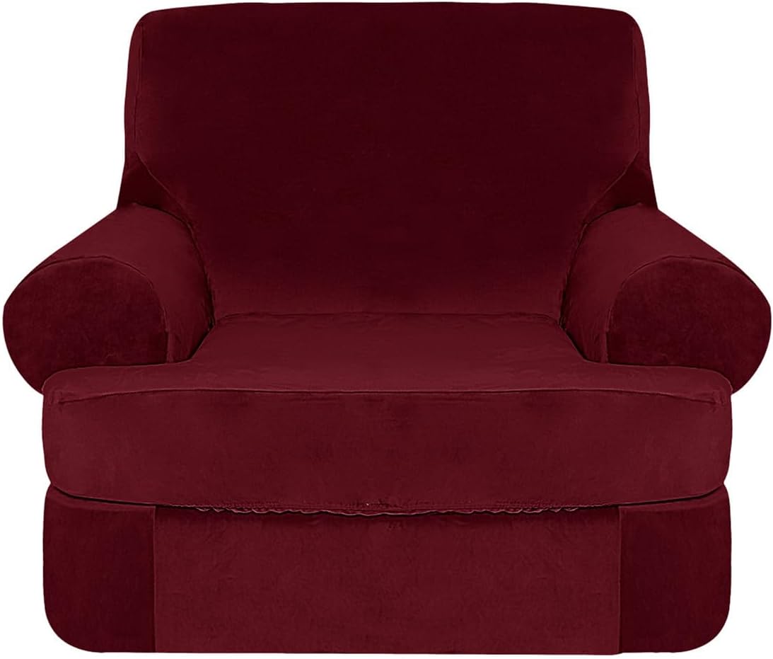 2 Pieces Stretch Sofa Covers T Cushion Chair Armchair Slipcovers with 1 Individual Thick Velvet T Cushion Shape Seat Couch Cover Furniture Protector Covers for Living Room