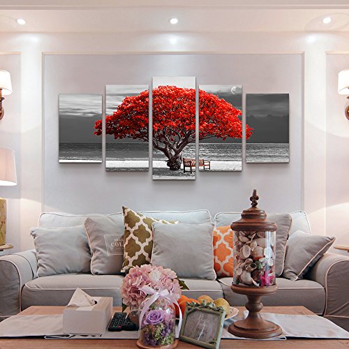 5 Piece Canvas Wall Art For Living Room Decorations Photo Prints - Black And White Red Tree The Scenery Moon Landscape - Modern Home Decor The Room Stretched And Framed Ready To Hang Artwork #TOP1