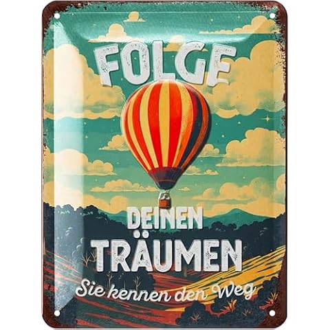 LANOLU Tabliczki blaszane w stylu retro Follge Ihre Träumen vintage metalowe tabliczki z sentencjami jako dekoracja ścienna do kuchni i ogrodu – Shabby Chic Deko Farmhouse o wyglądzie drewna 15 x 20