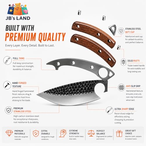Image of JB'S LAND Hand Forged Chef Knife 8 Inch | Razor Sharp High Carbon Stainless Steel Kitchen & Butcher Knife with Full Tang Wooden Handle, Leather Sheath for Meat, Fish, Vegetable & BBQ Cutting