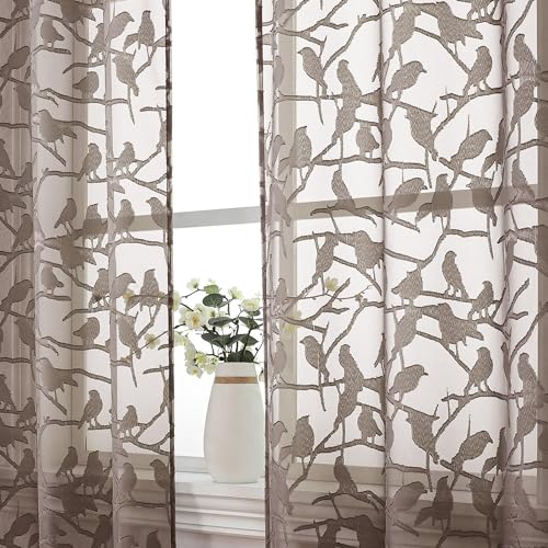 OVZME Anji 2 Panels Brown Voile Sheer Curtains 72 inch Length for Bedroom, Dual Rod Pocket Lightweight & Breathable Fabric Sheer Black Curtain Window Treatment, Anji Birds Clip Jacquard, 38W x 72L