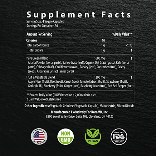 Karamd Pure Nature - Fruit & Veggie Superfood Supplement With Antioxidants For Energy, Cognitive Clarity, Immunity & Digestion Support - Vegetable Capsules - 30 Servings (120 Capsules). #TOP1
