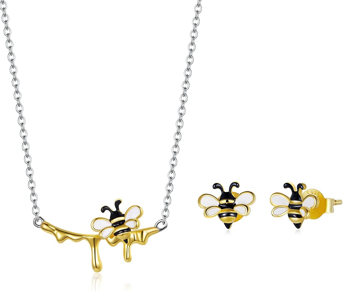Shysnow Bee Earrings Honey Necklace Cute Animal Bees Set 925 Sterling Silver Small 14K Gold Plated Enamel Queen Bees Bumblebee Set - Image 2