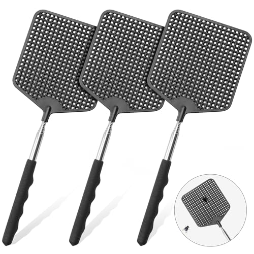 HDAJY Telescopic Fly Swatter 3 Pack Premium Plastic Fly Swatter Flyswatters Heavy Duty Stainless Steel HandleBlack