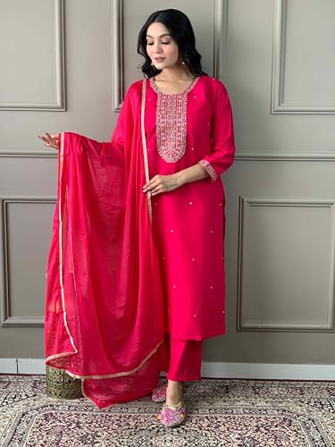 Image of Shiv Textiles Women's Chanderi Silk Embroidered Kurta Pant Dupatta Set(JDA-Lilly-Rani-S)