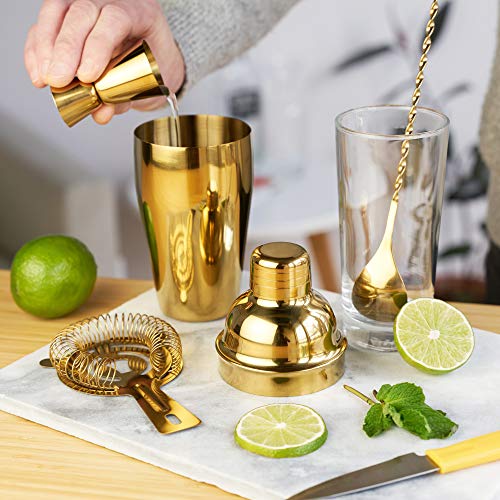 True Gold Barware Set Stainless Steel Shaker, Jigger, Muddler, Bar Spoon, Hawthorne Strainer, 4-Piece #TOP5