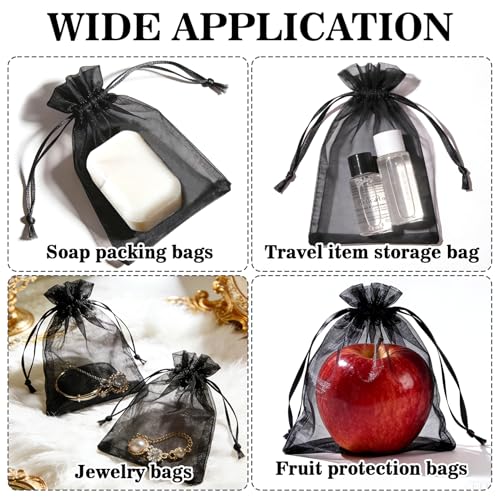 Image of Sukh Black Organza Bags 5''x7'' - 100pcs Sheer Mesh Drawstring Bags for Jewelry, Soap, Fruits, Candy, Small Gift Bags for Weddings, Valentine's Day, Mother's Day, Halloween, Thanksgiving, Christmas
