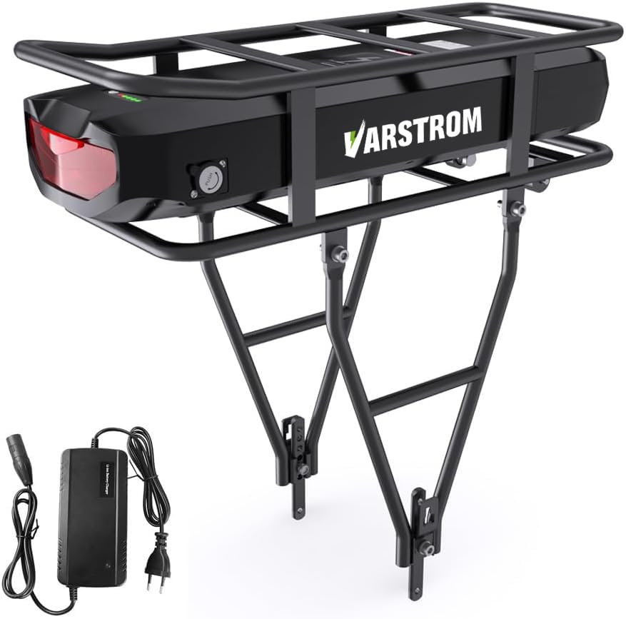 Varstrom 48V 18.2Ah Gepäckträger-Akku mit Ladegerät und USB-Anschluss, Lithium 48V E-Bike-Lithinum-Ionen-Batterie, Gepäckträger-Akku für Bafang Motor 250W 500W 750W 1000W 1200W E-Bike Umbausatz