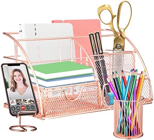 Verdefamily Rose Gold Workplace Provides and Equipment, Desk Organizers Set of three, with Pen Holder for Desk and Cellphone Holder, Rose Gold Desk Equipment for Ladies with 5 Compartment + Drawer