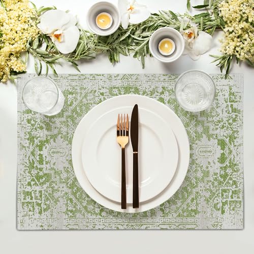 Image of Gray Lime Green Boho Placemats Set of 4 Ethnic Bohemian Carpet Place Mats Washable Kitchen Dining Vintage Grey Geography Floral Linen Table Mats Stain Heat-Resistant for Home Party Indoor 12x18 in
