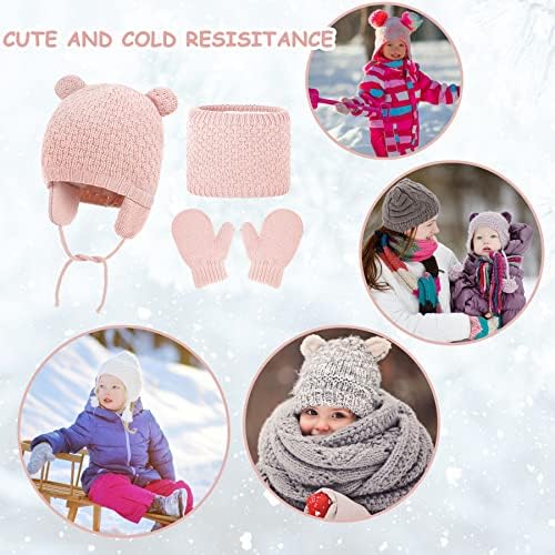 Baby Earflap Beanie Hat - Toddler Knitted Earflap Beanie Hat Set with Scarf and Gloves Baby Winter Hat Fleece Linnig Kids Crochet Warm with Cute Bear Ear for Boys Girls 0-2 years