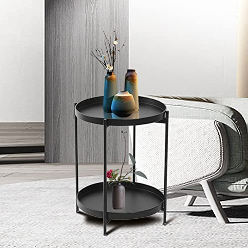 Nukee Black Folding End Table 2-Tier Metal Round Side Table With Removable Tray For Living Room(Black) #TOP4