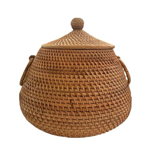 Cesto portaoggetti in vimini con coperchio-cestino in rattan Cesto per frutta rotondo in rattan naturale leggero intrecciato a mano per frutta, verdura