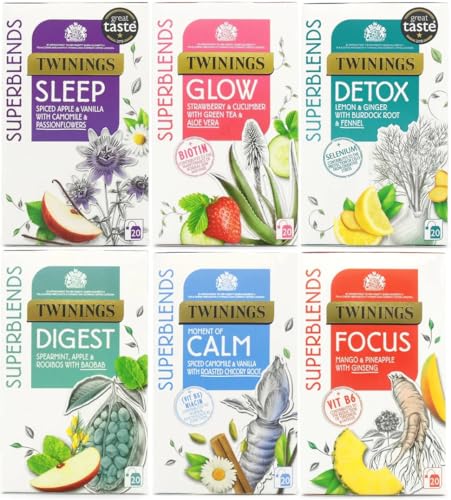 Twinings Superblends Sleep, Glow, Focus, Digest, Moment of Calm and Detox Tea Bags Bundle 6x20 Pack (120 envelopes)
