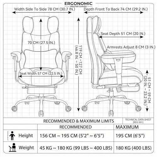 Image of Efomao Executive Office Chair 400lbs, Black Big and Tall Desk Chair | Mattress-grade pocket spring cushion, sleek leather, 135 recline & footrest for computer gaming setup.