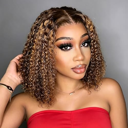 wigklee Curly Bob Wig Human Hair 200 Density Highlight 13x4 Short Bob Wig Human Hair 4/27# Pre Plucked HD Lace Frontal Wet and Wavy Honey Blonde Deep Wave Colored Wigs Glueless 14inch