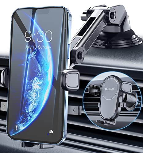 Phone Mount for Car, Zuslab Cell Phone Holder Car for Dashboard Windshield Air Vent 3in1, Flexible Car Mount for iPhone 14/13 Pro Max Galaxy S22 Ultra Hands Free [Super Suction & Stable] Case Friendly