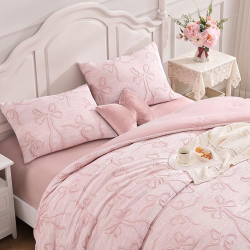 Image of Andency Full Size Cute Comforter Set, 3 Pieces Dark Pink Boho Tufted Bedding Set, 3D Puffy Bow Comforters for All Seasons (1 Comforter, 2 Pillow Shams), 79 inchx90 inch, Dark Pink
