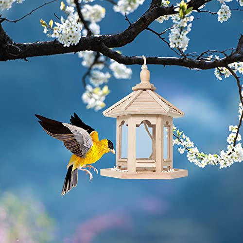 Hexagon Shaped Gazebo Bird Feeder - Outdoor Hanging Bird House, Wooden Bird Food Dispenser, Garden Decor Bird Food Feeding Supplies For Yard Tree Farm Park Outdoors #TOP2