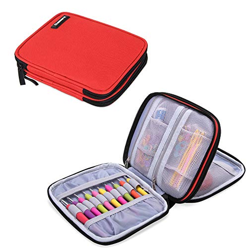 Damero Crochet Hook Case, Organizer Zipper Bag with Web Pockets for Various Crochet Needles and Knitting Accessories, Well Made and Easy to Carry, Medium, Red (No Accessories Included)