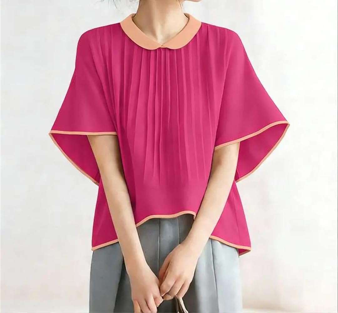 Yeuyyben Camicette da donna estive casual chic plissettate mezze maniche top a contrasto di colore