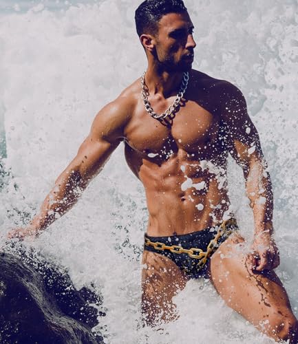 image for MIZOK Men's Printed Swimming Briefs Sexy Low Rise Bikini Swimsuit Blac