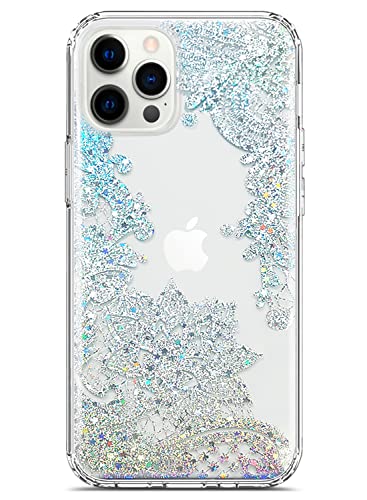 Coolwee Clear Glitter Compatible with iPhone 12 Pro Max Case Thin Flower Cute Crystal Lace Bling Women Girls Floral Plastic Hard Back Soft TPU Bumper Protective Cover Slim Fit Mandala Henna