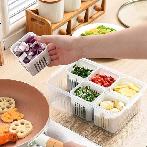Image of VOLCANO Fridge Storage Containers, Fridge Organizer with Removable Drain Plate & Secure-Sealing Lids, Fridge Storage Boxes Keep Fruits, Vegetables Fresher, Container Box (6 grid Fridge Storage Box)