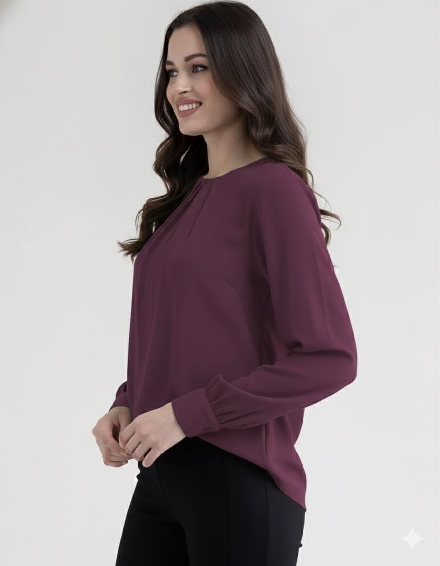Mirana Women’s Elegant Purple Wine Cotton Blend Pleated Top | Full Sleeve Regular Fit Western Office Wear - Image 3 thumbnail