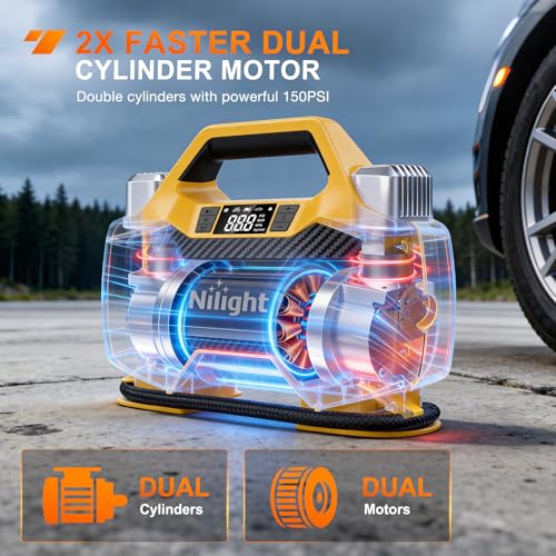 Image of Nilight Portable DC 12V Heavy Duty Tire Inflator Dual Cylinders and Dual Motors Tire Pump 150PSI Air Pumps Auto Shutoff with Screen and LED Light Air Compressor for Pickup Truck ORVs SUVs Cars
