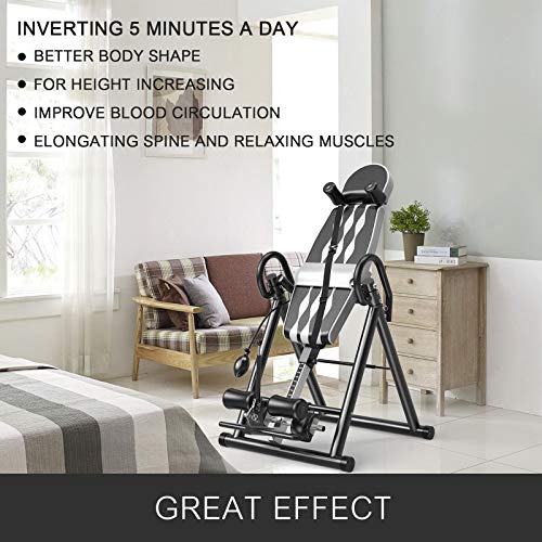 Popsport Premium Foldable Gravity Inversion Table 4.8ft to 6.1ft 300lbs Capacity Waist Inflatable Adjustment with Protective Belt Back Therapy Fitness (Grey)