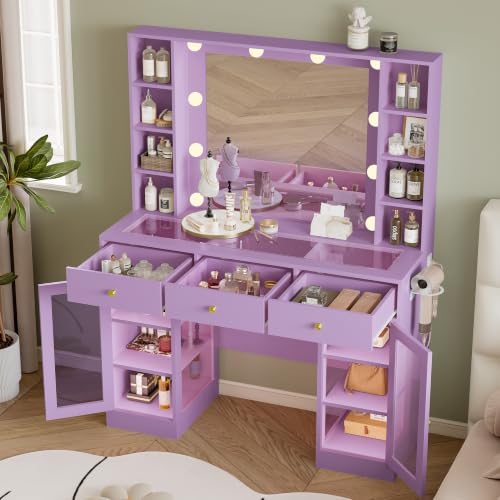 Image of Wodeer Makeup Vanity Desk with Mirror and Lights, Purple Vanity with Glass Top, LED Lights & Power Outlet, 3 Drawers & 2 RGB Glass Cabinets, Adjustable Lighted Dressing Table for Women & Girls Bedroom