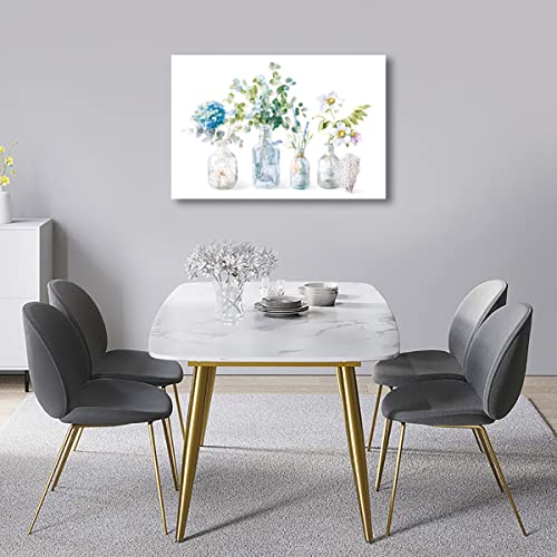 Flowers Wall Art Vintage Blue White Floral Canvas Pictures For Wall Decor Retro Botanical Glass Bottle Canvas Painting Rustic Wooden Board Canvas Prints Living Room Bedroom Wall Decoration 16" X 12" #TOP5