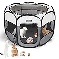 Nobleza Pet Playpen Portable Foldable Dog Cat Puppy Pen for Indoors Outdoor Pop Up Pet Fence Breathable Mesh Pet Carrier Kennel Soft Cage Tent for Rabbit Hamster Guinea Pig Beige and Gray, 28"x28"x17"