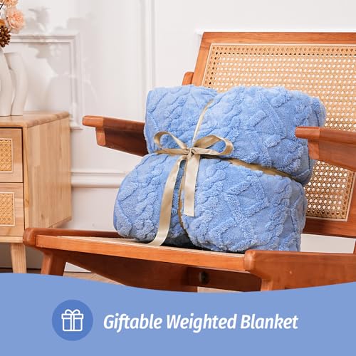 Image of Wemore Weighted Blanket for Adults Queen Size 20 lbs, Dual Sided Soft Fuzzy Jacquard Sherpa Weighted Blankets Throw, Cozy Fluffy Knitted Heavy Blanket for Couch Bed, Blue, 60 x 80 inches