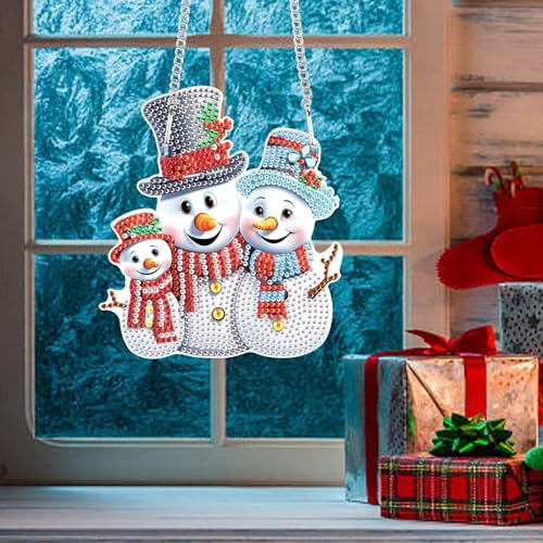 Image of AiYuanzsh Christmas 5D Diamond Painting Ornament, Christmas Snowman Diamond Art Kits Hanging Pendant with Chain for Christmas Home Wall Window Decor, Adults DIY Art Craft