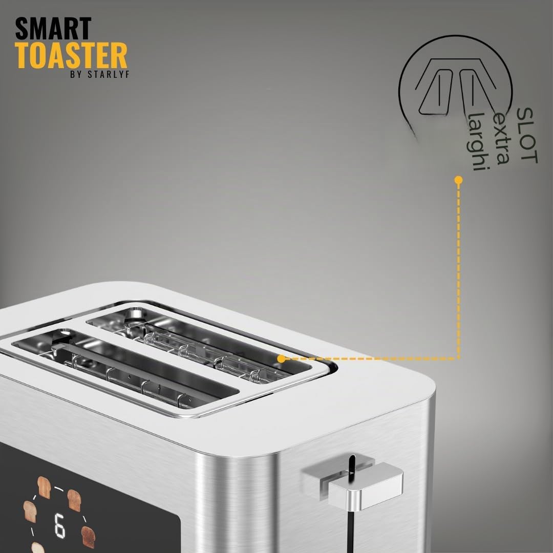 STARLYF Smart Toaster – Tostapane 2 Fette con Touch Screen LED – Slot Extra Large per Pane Spesso e Toast – 6 Livelli di Doratura – Funzioni Scongelamento, Riscaldamento e Stop – Acciaio Inossidabile