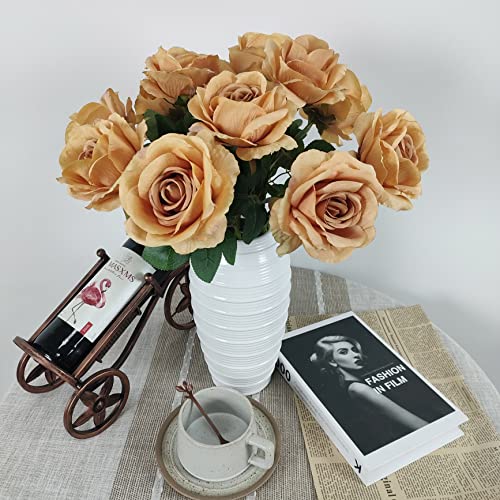 Atfl Brown Roses,12 Pcs Brown Flowers,Fake Roses Artificial Flowers Bulk,Silk Rose Flowers,Artificial Roses With Stems For Wedding Arrangement Centerpieces Party Home Table Decorations (Toffee) #TOP7
