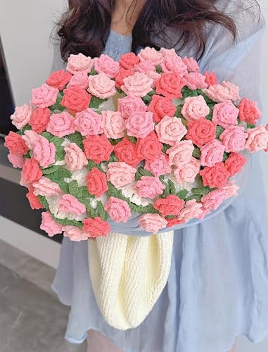 SUVEUS Crochet Flower Bouquet Throw Blanket 43 Handmade Knitted Blanket with Rose Flowers Gift for Women on Birthday Mothers Day Valentines Day Anniversary (Pink)