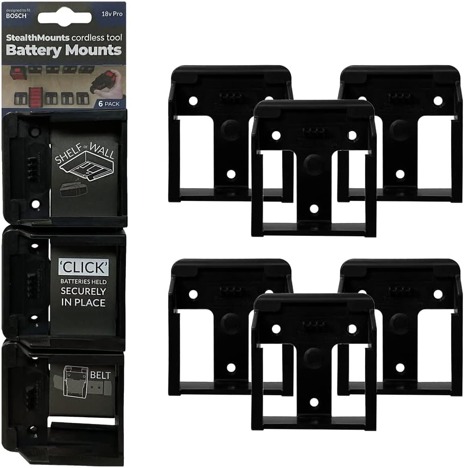 StealthMounts 18V Bosch Battery Holder - 6 Pack, Black, Plastic