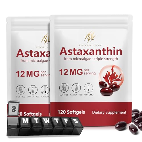 Astaxanthin 12mg Supplements Astaxanthin High Strength Antioxidant Supplement 120 Softgels 2 Pack Supports Eye Skin Joint Heart Brain & Immune Health No Gluten Non-GMO with Pill Organizer
