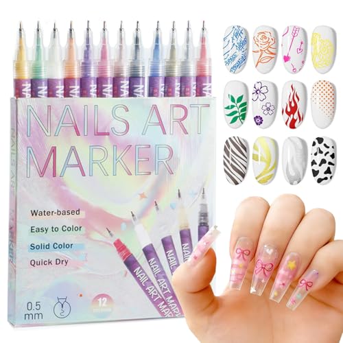 ESUOHYM 12 Color Nail Art Pens Set, 0.5mm Fine Tip Nail Polish Pens